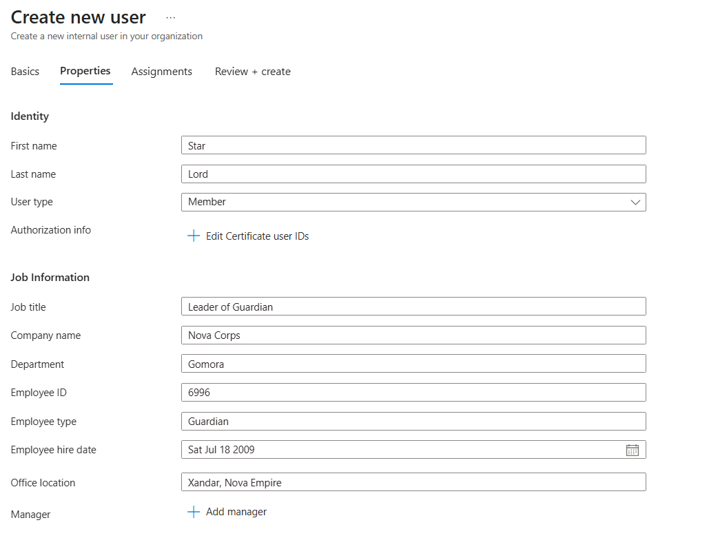 Entra ID user creation page showing Star Lord's profile with username and UPN filled in